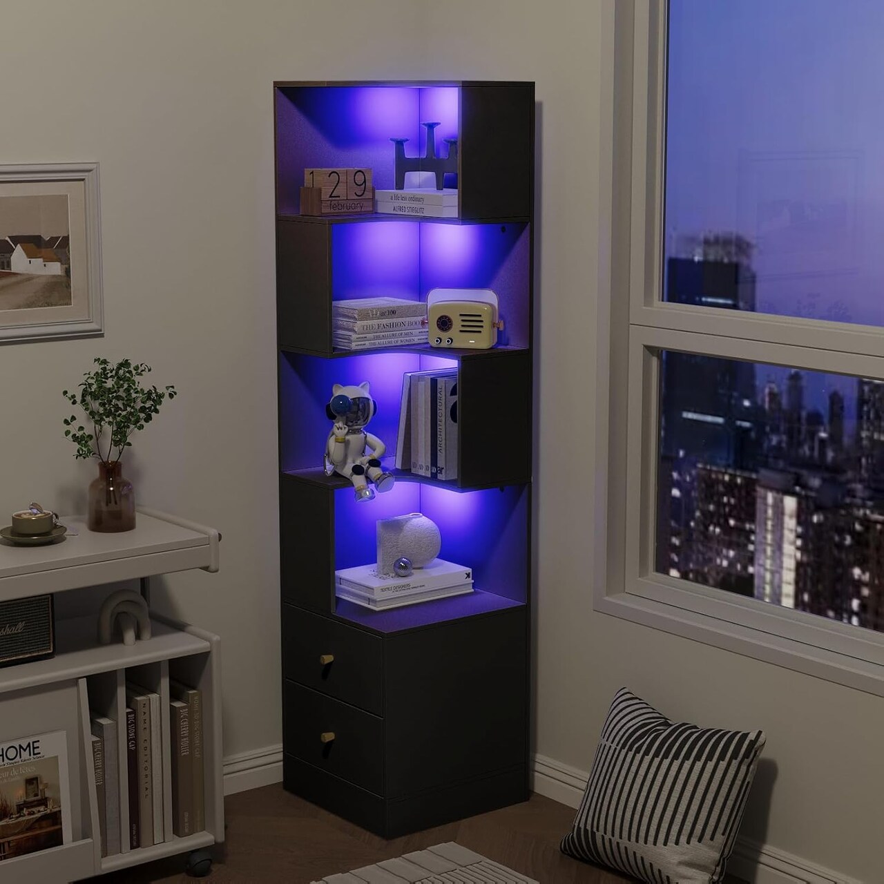 ELECWISH Corner Shelf with Light 5-Tier Black Storage Cabinet with Drawers Modern Tall Bookshelf Stand for Living Room